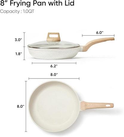 CAROTE 8 Inch Non Stick Frying Pan with Lid,White Granite Nonstick Skillet Omelet Pans, Egg Pan Granite Cookware, PFOS & PFOA Free - Image 2