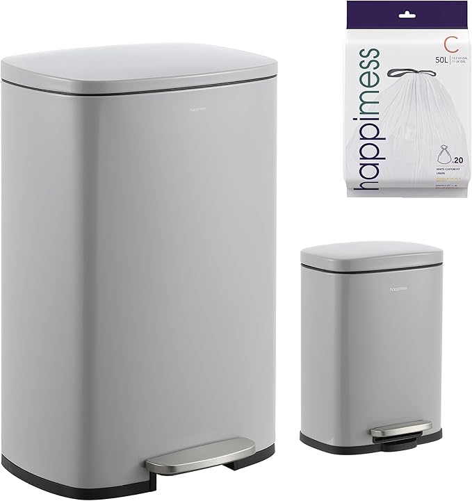 happimess HPM1006I Connor Rectangular 13-Gallon Trash Can with Soft-Close Lid and Free Mini Trash Can, Fingerprint Resistant, Modern, Minimalistic for Home, Kitchen, Office, Bathroom, Fog Gray by Happimess