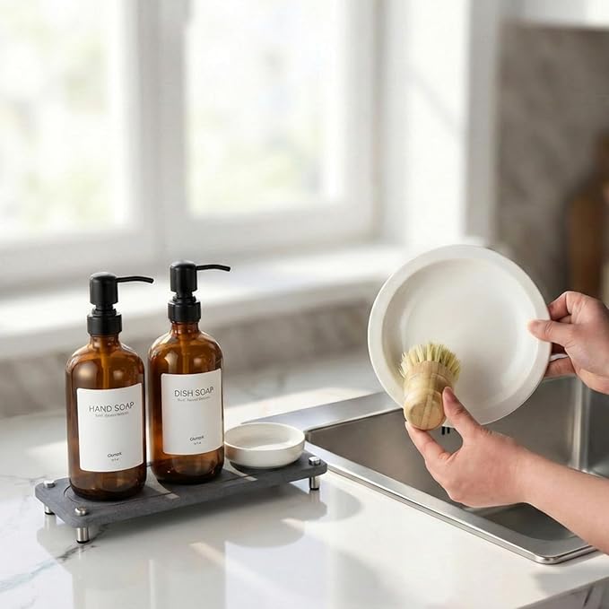2 Pack Kitchen Soap Dispenser Set - 16oz Amber Glass Dish and Hand Soap Dispenser with Stainless Steel Pump, Instant Dry Tray, Dish Brush & Holder, Refillable Countertop Sink Decor for Kitchen & Bath - Image 6