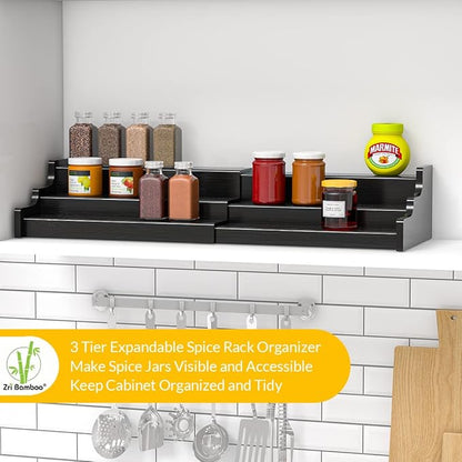 Spice Rack Organizer For Cabinet - 3 Tier Black Bamboo Wooden Expandable Display Shelf from 12.70 to 22.20 inch - Image 2