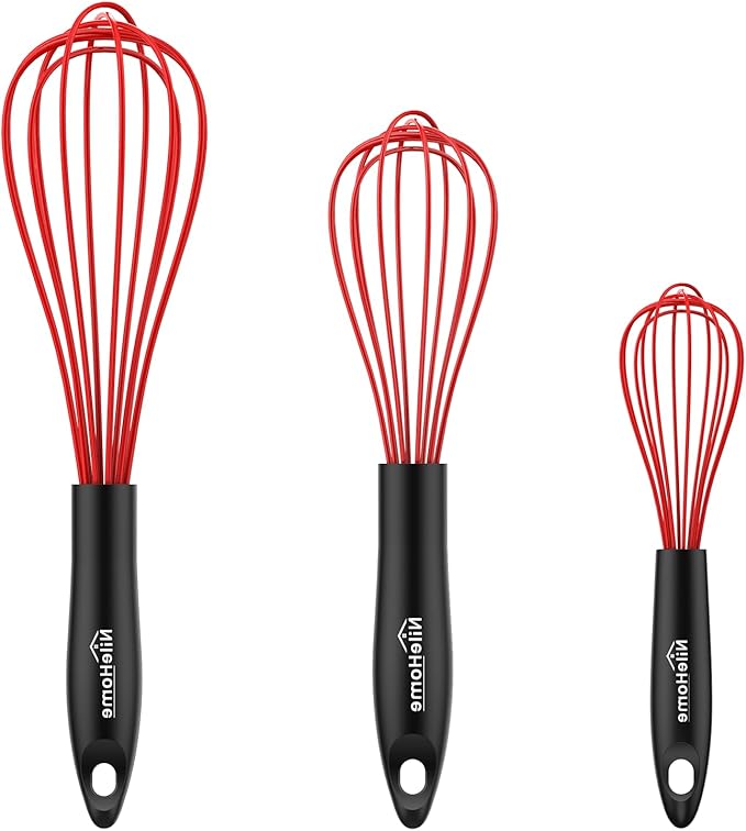 NileHome Silicone Whisk Set 8" 10" 12", 3 Pack Kitchen Whisk Kitchen Wisk Wire Whisks for Cooking, Whisking, Blending, Beating, Stirring-Red by NileHome