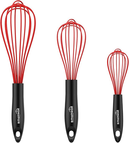 NileHome Silicone Whisk Set 8" 10" 12", 3 Pack Kitchen Whisk Kitchen Wisk Wire Whisks for Cooking, Whisking, Blending, Beating, Stirring-Red by NileHome