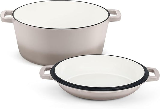 TeamFar 5 Quart Dutch Oven, 2 In 1 Enameled Cast Iron Dutch Oven Pot Cookware with Skillet Lid, for Bread Baking Braising Stewing Roasting, Sturdy & Nonstick, Oven Safe & Fit for Induction (Khaki) by TeamFar