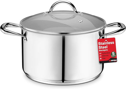 Stainless Steel Stockpot with Tempered Glass Lid 5 Quart, Durable 18/0 Stainless Steel, Impact-Bonded Base for Even Heating, Riveted Handles, Oven & All Stove Compatible, Safe Up To 500°F (260°C)