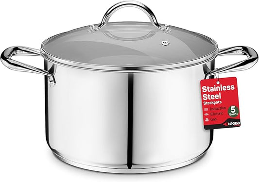 Stainless Steel Stockpot with Tempered Glass Lid 5 Quart, Durable 18/0 Stainless Steel, Impact-Bonded Base for Even Heating, Riveted Handles, Oven & All Stove Compatible, Safe Up To 500°F (260°C)