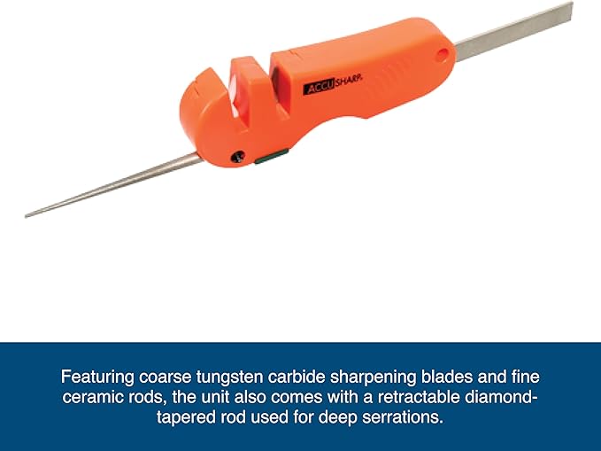 AccuSharp 4-in-1 Knife & Tool Sharpener, Coarse Tungsten Carbide Sharpening Blade & Ceramic Rod with Retractable Diamond-Tapered Rod for Knives, Fish Hooks & Tools, Orange