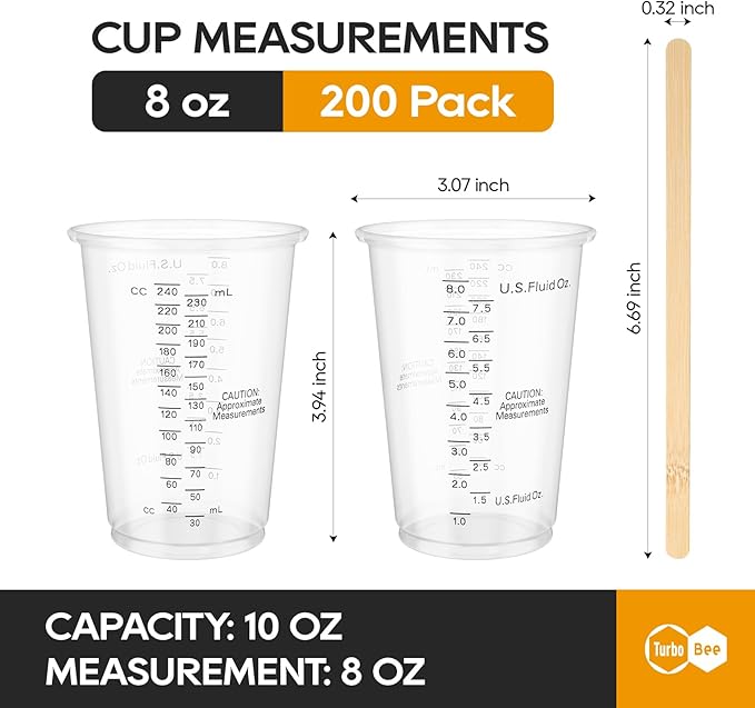 Turbo Bee Plastic Measuring Cups 8OZ,200 PACK Disposable Mixing Cups with 200 Mixing Sticks,Paint Graduated Measuring Tumblers for Epoxy Resin, Paint Mixing, Art DIY - Image 3