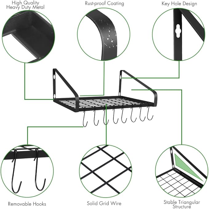 Felibeaco Hanging Pots & Pans Rack,Wall Mounted Pots Pans Organizer Holder Rack with 8 Hooks, Kitchen Wall Storage Organizer Hanger Shelves for Pans Set, Utensils, Cookware, Books, Household,Black - Image 4