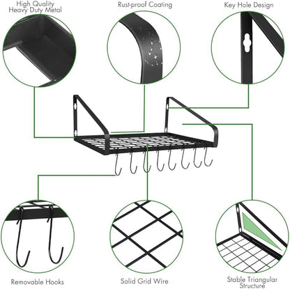 Felibeaco Hanging Pots & Pans Rack,Wall Mounted Pots Pans Organizer Holder Rack with 8 Hooks, Kitchen Wall Storage Organizer Hanger Shelves for Pans Set, Utensils, Cookware, Books, Household,Black - Image 4