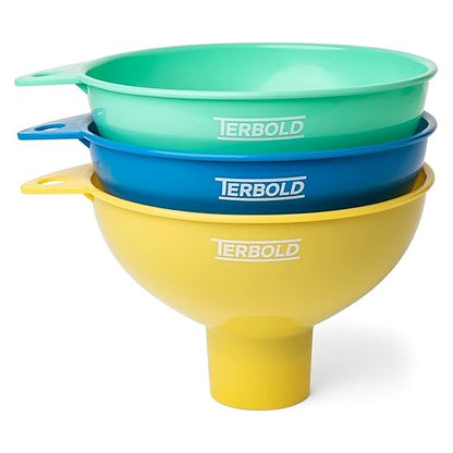 3pc Wide Mouth Canning Funnels for Filling Bottles and Mason Jars | Large Spout Quick Fill Food Grade Plastic Funnels for Kitchen Use (Blue, Green, Yellow) by Terbold