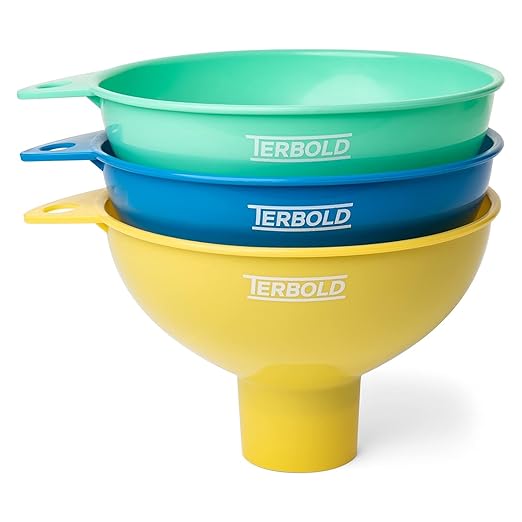 3pc Wide Mouth Canning Funnels for Filling Bottles and Mason Jars | Large Spout Quick Fill Food Grade Plastic Funnels for Kitchen Use (Blue, Green, Yellow) by Terbold