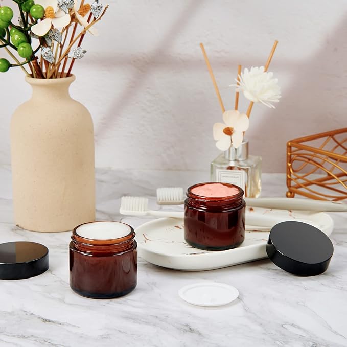 2oz Jars with Lids, Hoa Kinh 24 Pack Amber Glass Jars with Lids Empty Cosmetic Containers Round Airtight Glass Jar with Inner Liners and black Lid for Storing Lotions, Powders, and Ointments