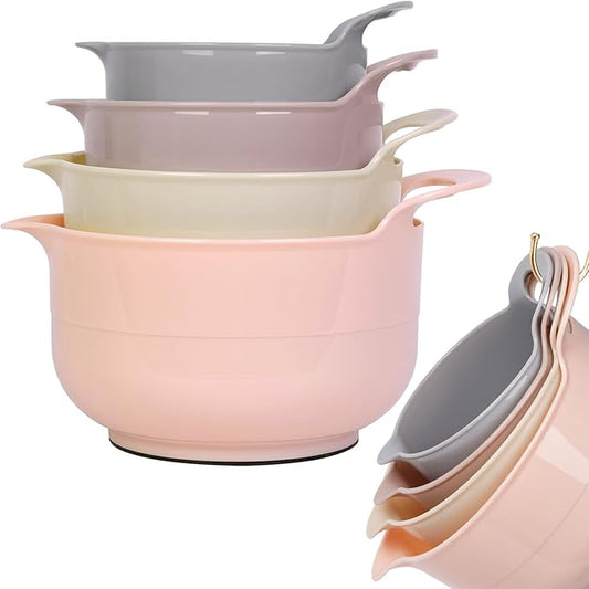 BoxedHome Nesting Plastic Mixing Bowl Set with Pour Spouts and Handles - Non Slip Bottom, BPA free Microwave & Dishwasher Safe(Khaki Pink, 4 Pack) by BoxedHomeProducts