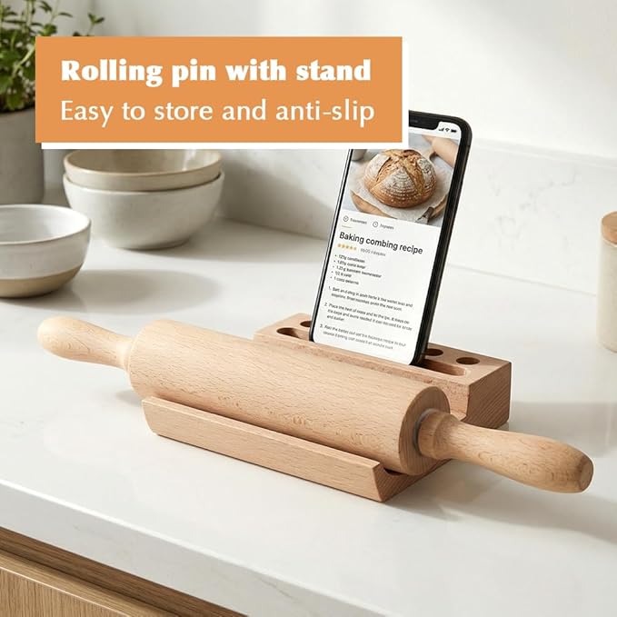 Rolling Pin Set for Baking, 3-Piece Wooden Dough Roller with Silicone Mat and Stand, Kitchen Pastry Baking Accessories for Pie Crust, Cookies, Pizza Dough and Bread
