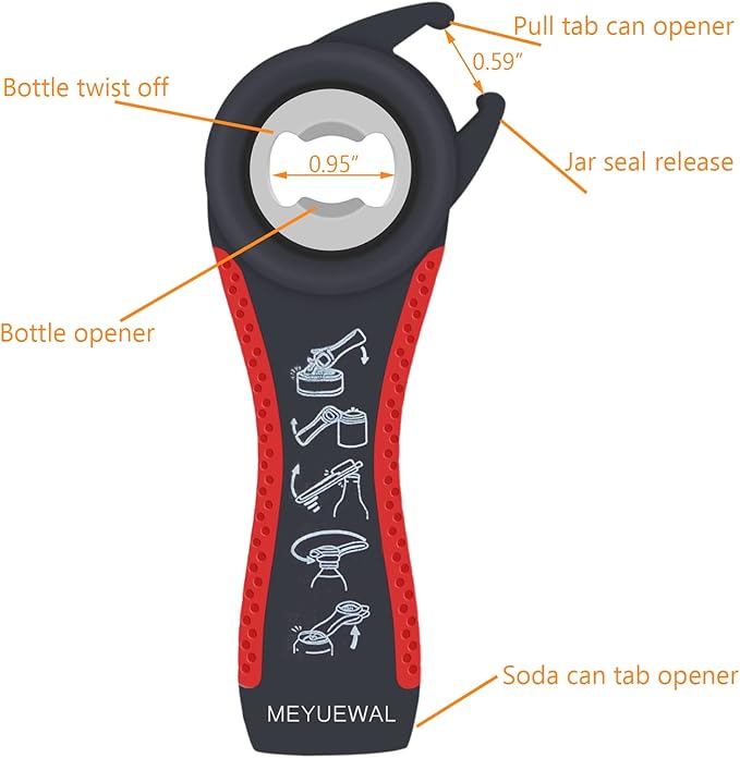 6 in 1 Lid Opener - Bottle, Jar, & Can Opener for Seniors with Arthritis or Weak Hands - Heavy Duty & Smooth Edge, Red - Image 5