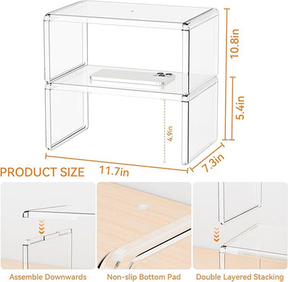 Yieach 2 Pack Acrylic Cabinet Organizer,2 Tier Stackable Shelves for Cabinets,RV Pantry Organization,Counter Space Saver Desk Organizers,Cupboard Shelf and Cabinet Stand & Risers for Mug,Cup,Dish - Image 3