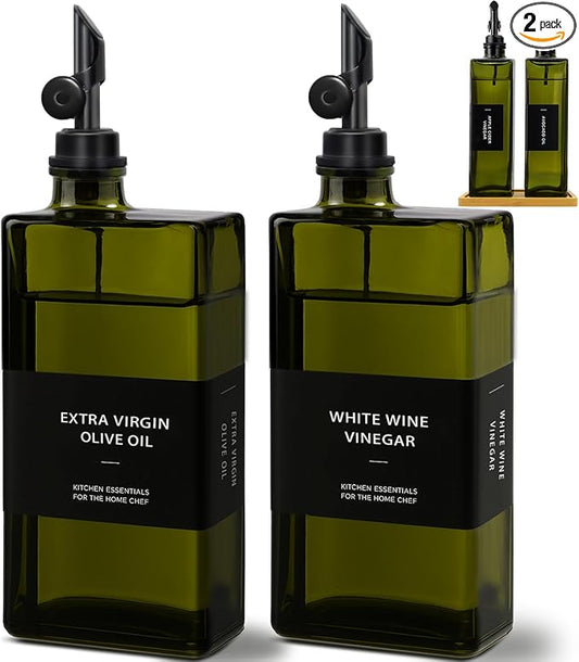 Olive Oil Dispenser Bottle for Kitchen with Bamboo Tray- 16.9oz Glass Oil and Vinegar Dispenser Set, Soy Sauce & Syrup Bottle, Modern Hostess Gift (Green, Set of 2) by Gelury