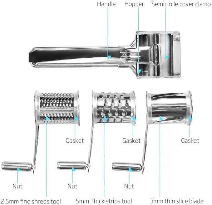 Stainless Steel Single Drum Rotary Cheese Grater, Multipurpose Rotary Cheese Grater with 3 Different Rotatable Drums for Parmesan, Mozzerella, Vegetables and More