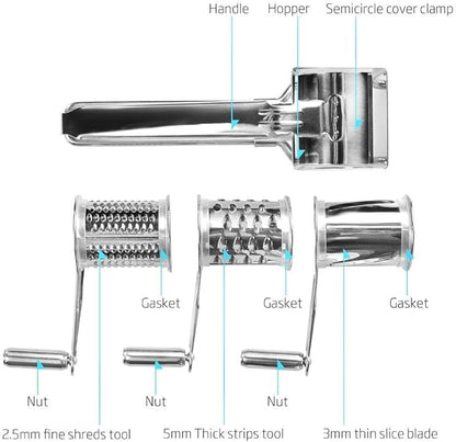 Stainless Steel Single Drum Rotary Cheese Grater, Multipurpose Rotary Cheese Grater with 3 Different Rotatable Drums for Parmesan, Mozzerella, Vegetables and More