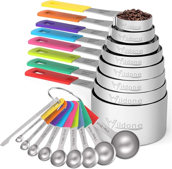 Wildone Measuring Cups & Spoons Set of 18 - Includes 8 Stainless Steel Nesting Measuring Cups, 9 Measuring Spoons, 1 Leveler, Ideal for Dry and Liquid Ingredients by Wildone