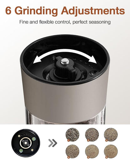 Electric Salt and Pepper Grinder Set with USB-C Charging Base,Rechargeable Automatic Stainless Steel Pepper Mill Grinder with LED Light, 2pack(Brown)