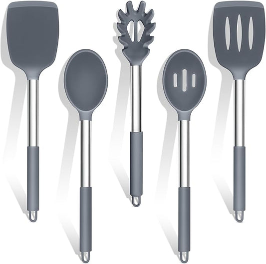 TeamFar Silicone Cooking Utensils Set, 5 PCS Heat-Proof Kitchen Utensils with Stainless Steel Handle, Turner/Spoon/Pasta Server for Nonstick Cookware Frying Flipping Draining, Light Grey by TeamFar