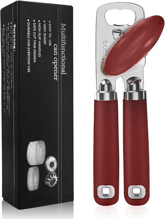 Safring Can Opener Manual, Heavy Duty Stainless Steel Smooth Edge Can Openers With Soft Touch Handle, Oversized Handheld Easy Turn Knob, Multi-Function Bottle Opener, Red