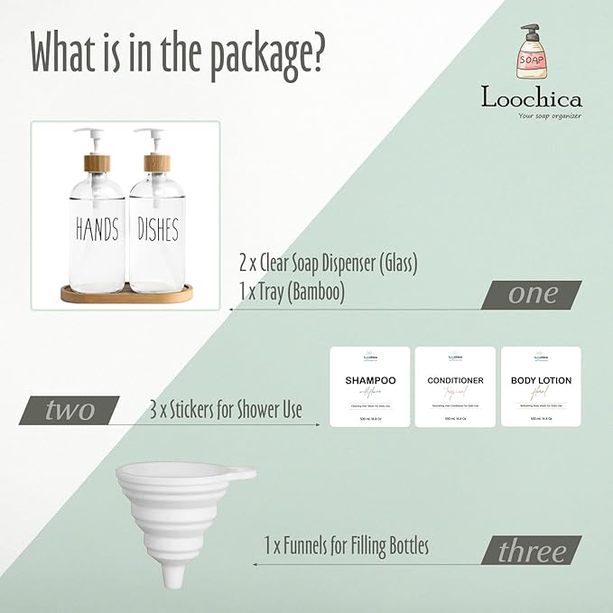 LOOCHICA Clear Glass Soap Dispenser Set with Tray, Transparent Dish and Hand Soap Dispenser Set, Refillable Reusable Apothecary Soap Pump Dispenser Bottles for Bathroom and Kitchen - Image 2