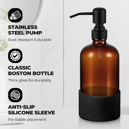 16 oz Hand and Dish Soap Dispenser Set for Kitchen and Bathroom, 500ml Amber Glass Soap Dispenser with Stainless Steel Pump, Non-Slip Silicone Sleeves, Labels - 2 Pack