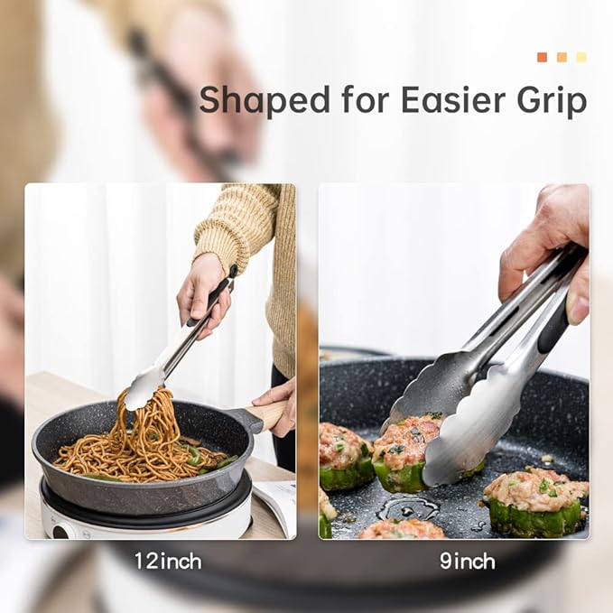 9 & 12 Inch Kitchen Tongs, Stainless Steel Metal Tongs Cooking Tongs, for Cooking Barbecue, BBQ Grilling, Buffet Serving (9"+12") - Image 3