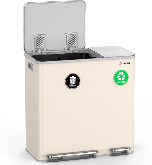 Lovewind Dual Trash Can, 14 + 6 Gallon Garbage Can for Kitchen Dual Compartment Recycling Kitchen Step Trash Bin, Stainless Steel Trash and Recycle Bin Combo with Soft-Close Lid, Apricot by LOVEWIND