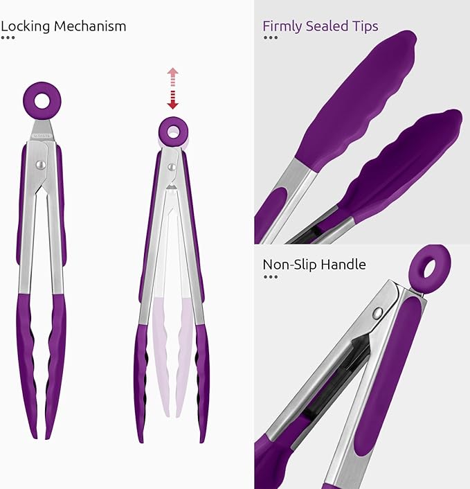 600ºF Heat Resistant Kitchen Tong: U-Taste 7 inch Silicone Cooking Tong with Firm Sealed Non Stick Rubber Tips & Silicon Coated 18/8 Stainless Steel Handle & Smooth Locking for Serving Salad (Purple) - Image 6