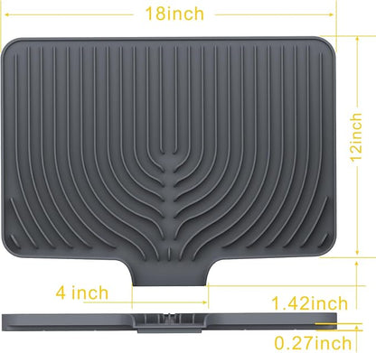 Silicone Dish Drying Mat for Kitchen Counter , Dish Drying Rack Matt with Built in Drain, 18 Inch dish Dry Mats for Kitchen Counter,Bumps up sink Applicable(18×12inch Extra Raised, gray)
