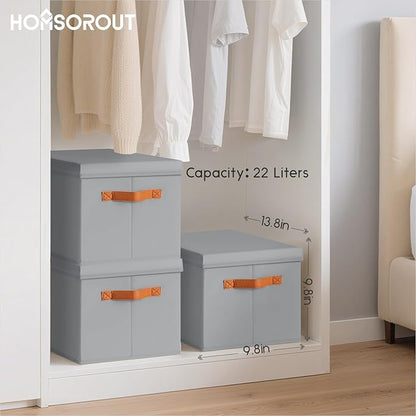 Homsorout Storage Bins with Lids - Fabric Storage Baskets for Shelves, 8 Pack Foldable Decorative Boxes with Handles, Stackable Organizer Bins for Home, Nursery, Dorm, Grey
