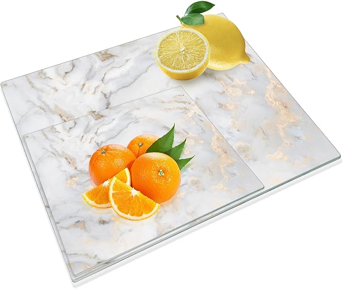 JAMBALAY Tempered Glass Cutting Boards for Kitchen, Gold 12"x8" & 16"x12" Glass Cutting Board Set with Marble Design, With Non Slip Foot, Shatter and Heat Resistant, Dishwasher Safe