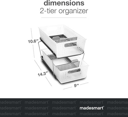 madesmart Premium 2 Tier Organizer, Under Cabinet Storage with Pull Out Sliding Drawers, for Cleaning Supplies, Undersink, Sponges, Bottles & Bath, Adjustable Dividers & Pull Out Baskets, Frost