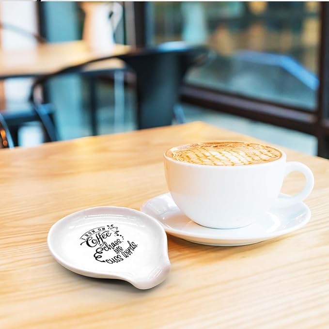 Funny Coffee Spoon Holder-Coffee Spoon Rest-Cafe Bar Station Accessories-I Run On Coffee Chaos & Cuss Sign