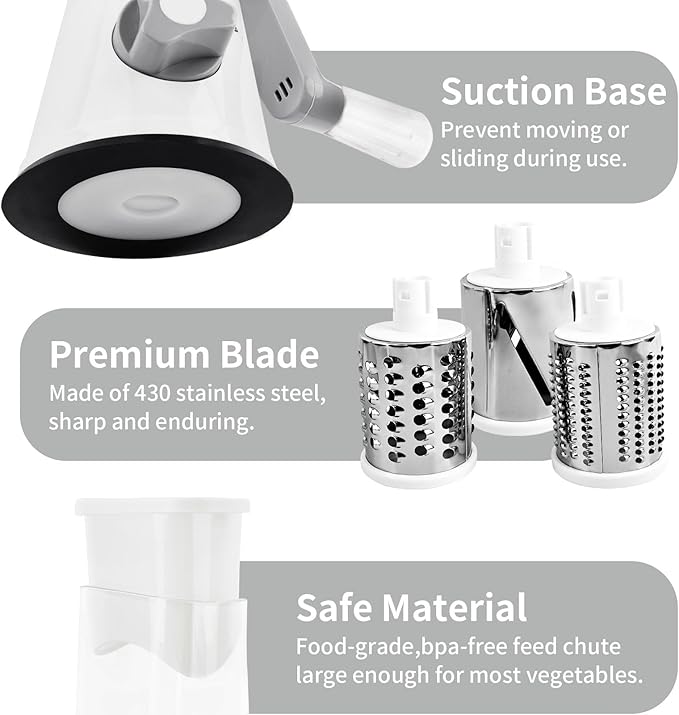 Rotary Cheese Grater, Manual Cheese Shredder with 3 Interchangeable Blades, Cheese Grater Hand Crank with Strong Suction Base, Easy to Use and Clean, White - Image 5