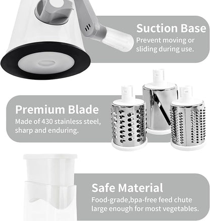 Rotary Cheese Grater, Manual Cheese Shredder with 3 Interchangeable Blades, Cheese Grater Hand Crank with Strong Suction Base, Easy to Use and Clean, White - Image 5