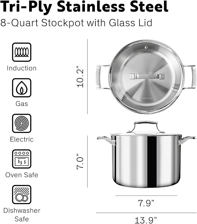 8 Quart Stainless Steel Stock Pot - Fully Clad Tri Ply Large Dutch Oven with Lid - Large Pot for Cooking, Pasta, Soups - Coating-Free, PFAS-Free Non Toxic Cookware - Induction Compatible