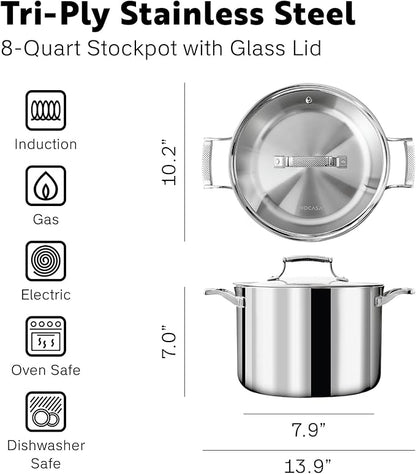 8 Quart Stainless Steel Stock Pot - Fully Clad Tri Ply Large Dutch Oven with Lid - Large Pot for Cooking, Pasta, Soups - Coating-Free, PFAS-Free Non Toxic Cookware - Induction Compatible