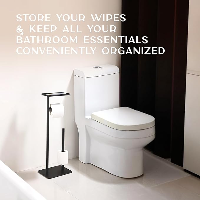 Day Moon™ - Toilet Paper Holder - Modern Roll Holder for Bathroom - 1 Pack - Free Standing - with Shelf, Black - Image 7