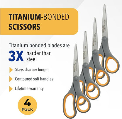 Westcott 8-Inch Titanium Bonded Straight Scissors, Soft Handle, Gray/Yellow, 4-Pack - Image 2