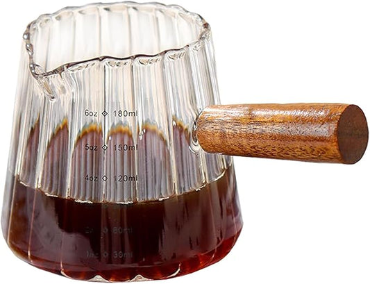 Wooden Handle Coffee Cup with Scale, Espresso Accessories Double Scale Glass Measuring Cup Milk Frother Glass Cup V-Shaped Espresso Cup