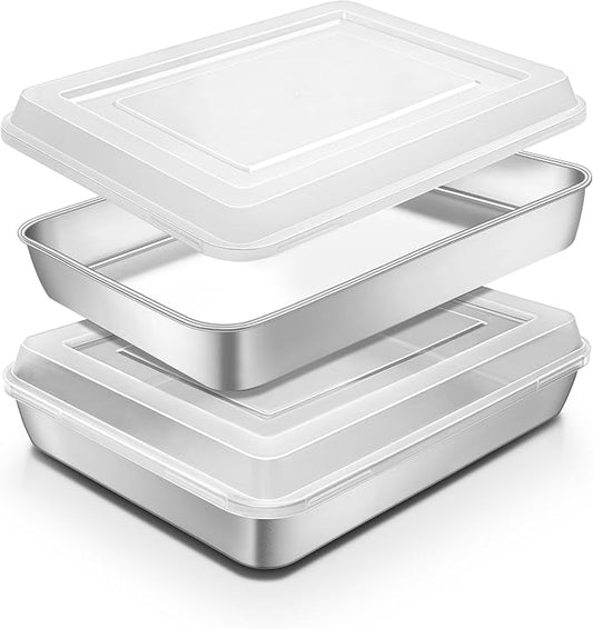 Stainless Steel Baking Pan with Lid, 12⅓ x 9¾ x 2 Inch Deep Rectangle Cake Pans with Cover for Cakes, Brownies, Cookies, Deep Side & Heavy Duty,Dishwasher & fridge & Oven Safe(2 Pans + 2 Lids) by Blingco