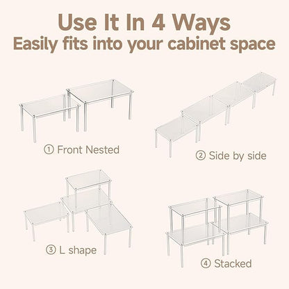 Clear Kitchen Cabinet Organizer, Set of 4 Stackable Spice Rack, Acrylic Shelves for Pantry Organizers and Storage, Tiered Spice Organization for Cabinet, Shelf Organizer for Desk Countertop