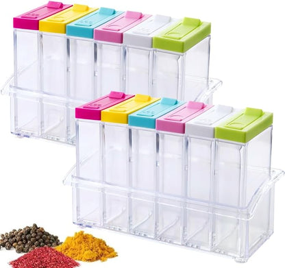12 PCS Colorful Spice Shaker Jars, Salt and Pepper Shakers Set, Seasoning Shaker Boxes Condiment Set, Anberky Plastic Spice Dispenser Case Clear Seasoning Storage Container Bottle with Lid & Tray (#B) by Anberky