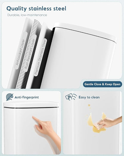 Arlopu 8 Gallon Step Trash Can, Stainless Steel Garbage Bin, Soft-Close Rubbish Bin with Removable Plastic Inner Bucket, Fingerprint-Proof, Lid Dustbin, Suit for Kitchen Home (White, 30L)