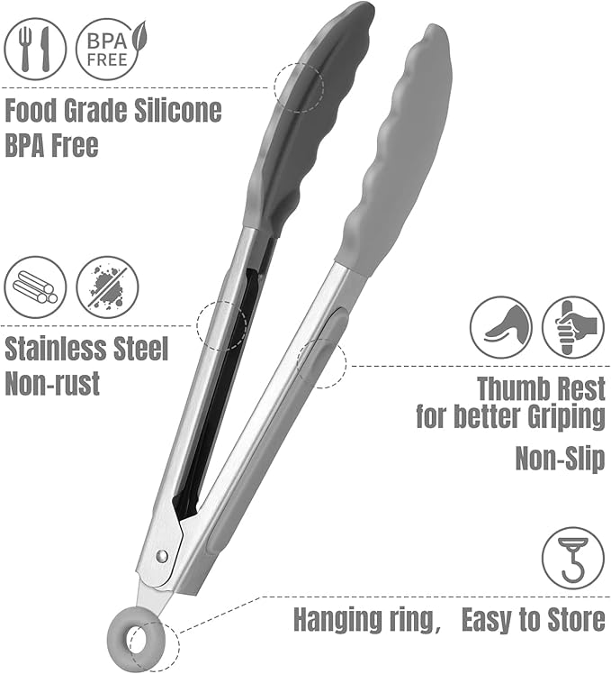 Hotec Mini Silicone Kitchen Tongs for Cooking - 7-Inch Small Serving Tongs with Silicone Tips, Set of 3 (Grey) - Image 5