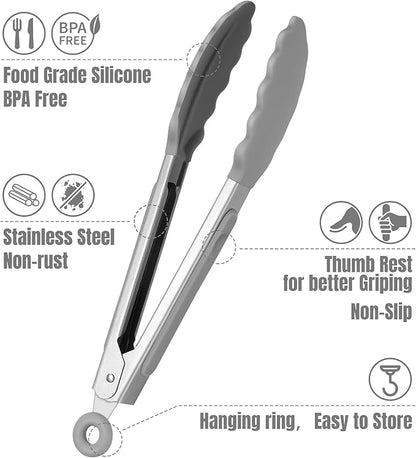 Hotec Mini Silicone Kitchen Tongs for Cooking - 7-Inch Small Serving Tongs with Silicone Tips, Set of 3 (Grey) - Image 5